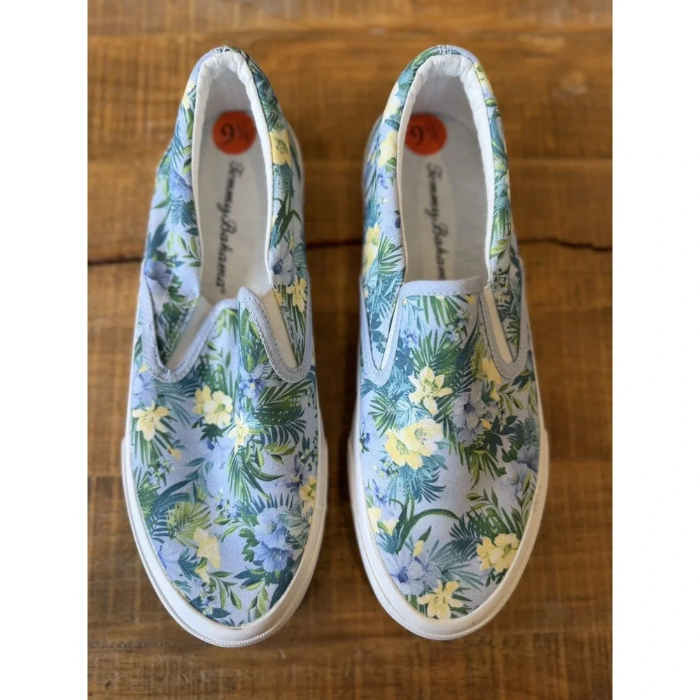 Tommy Bahama Ferris Floral Tropical Slip On Shoes Women's Sz 9.5M Lt Blue Canvas
